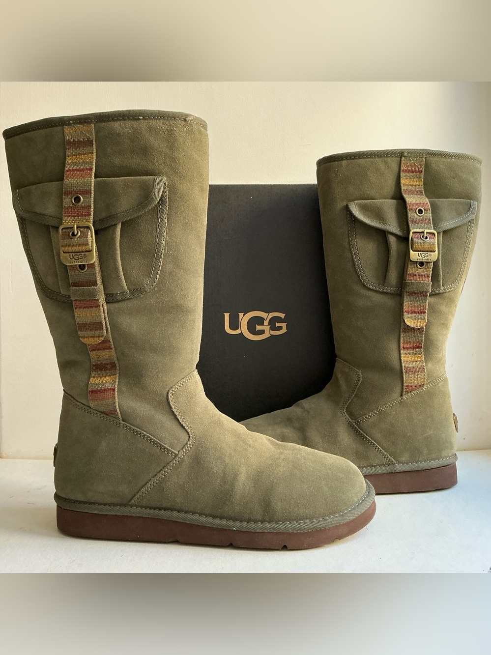 UGG Boots Woman S-10 Retro Cargo Green Suede Shearling Multi Col Tab Pocket NEW